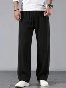 Men's Breathable Mesh Panel Casual Pants, Lightweight Ice Silk Drawstring Straight Leg Trousers, All Seasons Slim-Fitting Dress Pants