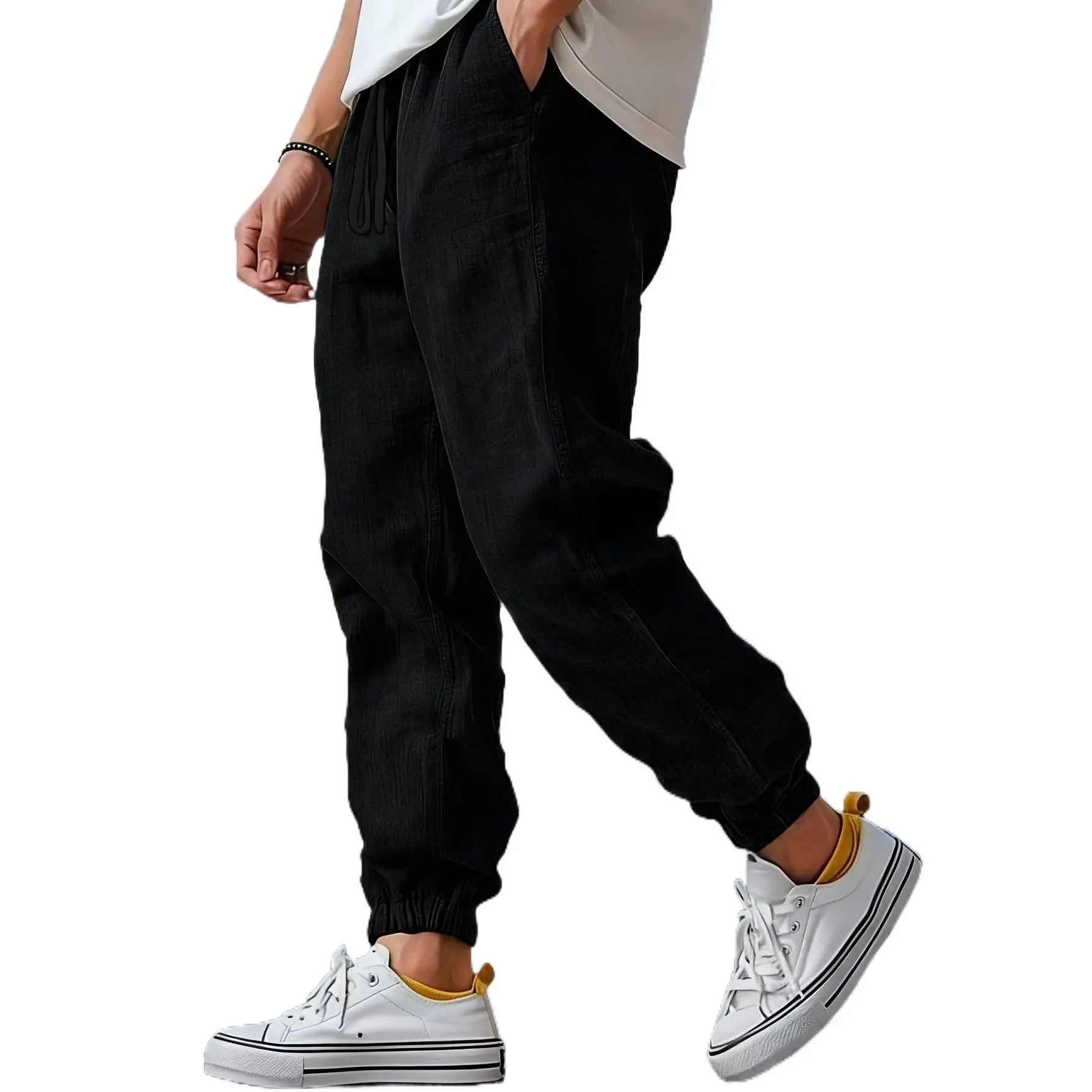 Men's Solid Linen Drawstring Jogger Trousers, Casual Relaxed Fit with Cuffs, Lightweight & Breathable for Outdoor Sports, Relaxed Joggers, Street Style Joggers