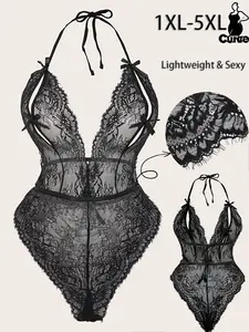 【Plus Size】 Sexy Lace Bodysuit, Sheer Elegant Bodysuit for All Seasons, Comfortable Fashion for Special Occasions, Womenswear, Lace Lingerie Bodysuit