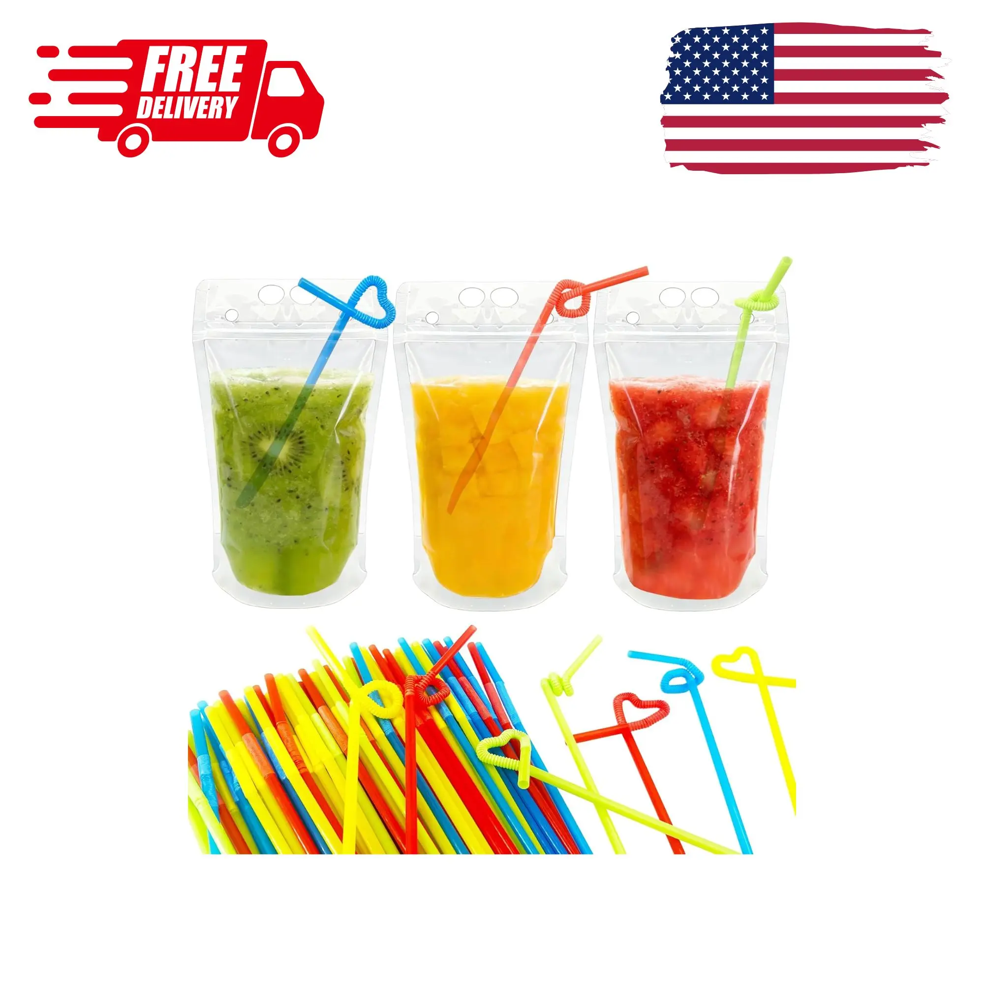 100 Drink Pouches Straw Holes – Reclosable Juice & Liquor Pouches