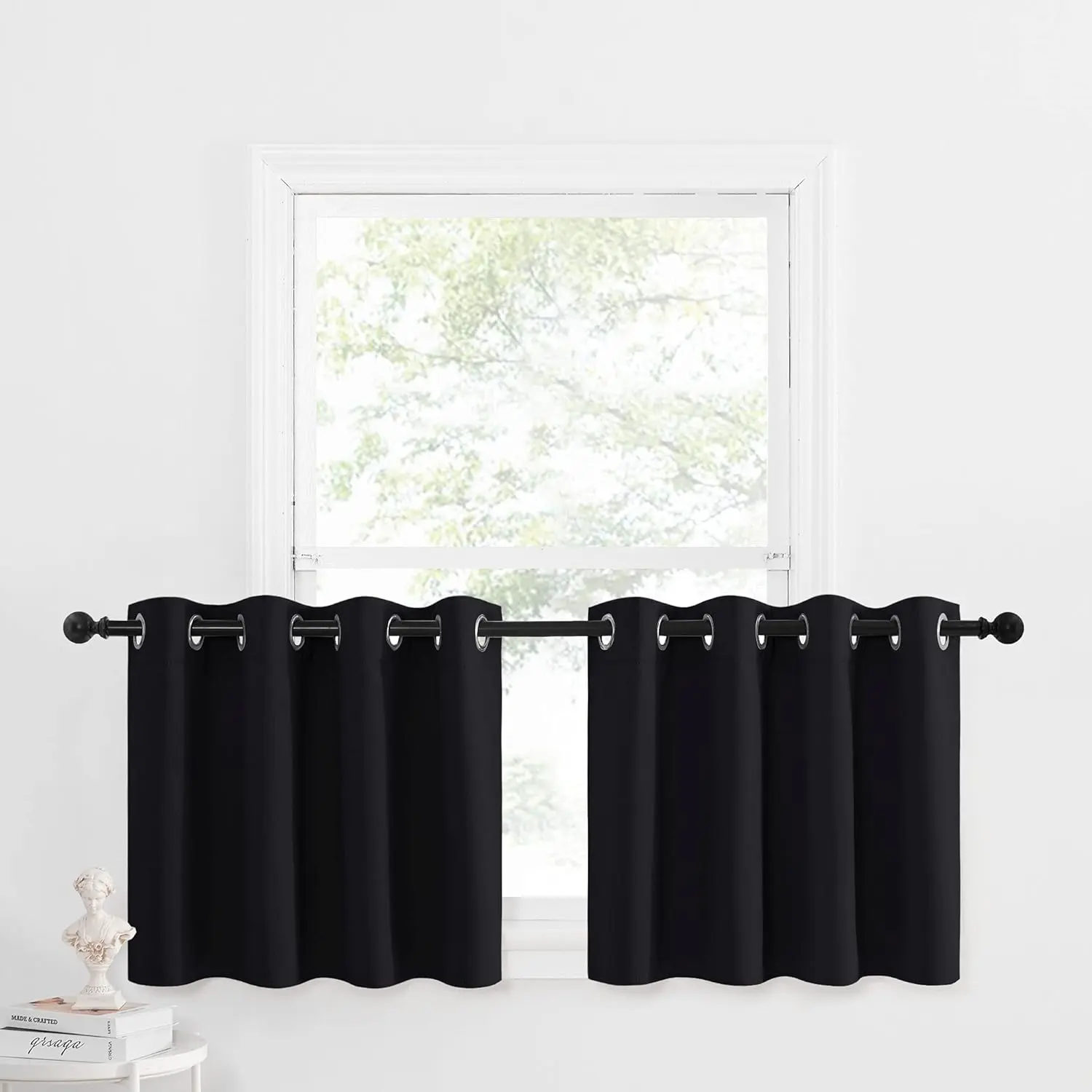 NICETOWN Small Tiers Kitchen Window Curtains 24 inches Length Sets - Blackout Home Decor Blackout Grommet Drape Basement Panels for Living Room/Bedroom (Black, 52W by 24L, 2 Pieces)