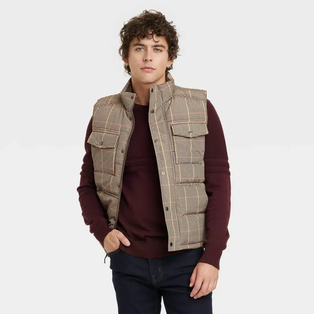 Goodfellow & Co Men's Zipper Snap Houndstooth Midweight Puffer Vest Corduroy, Smooth, Polyester