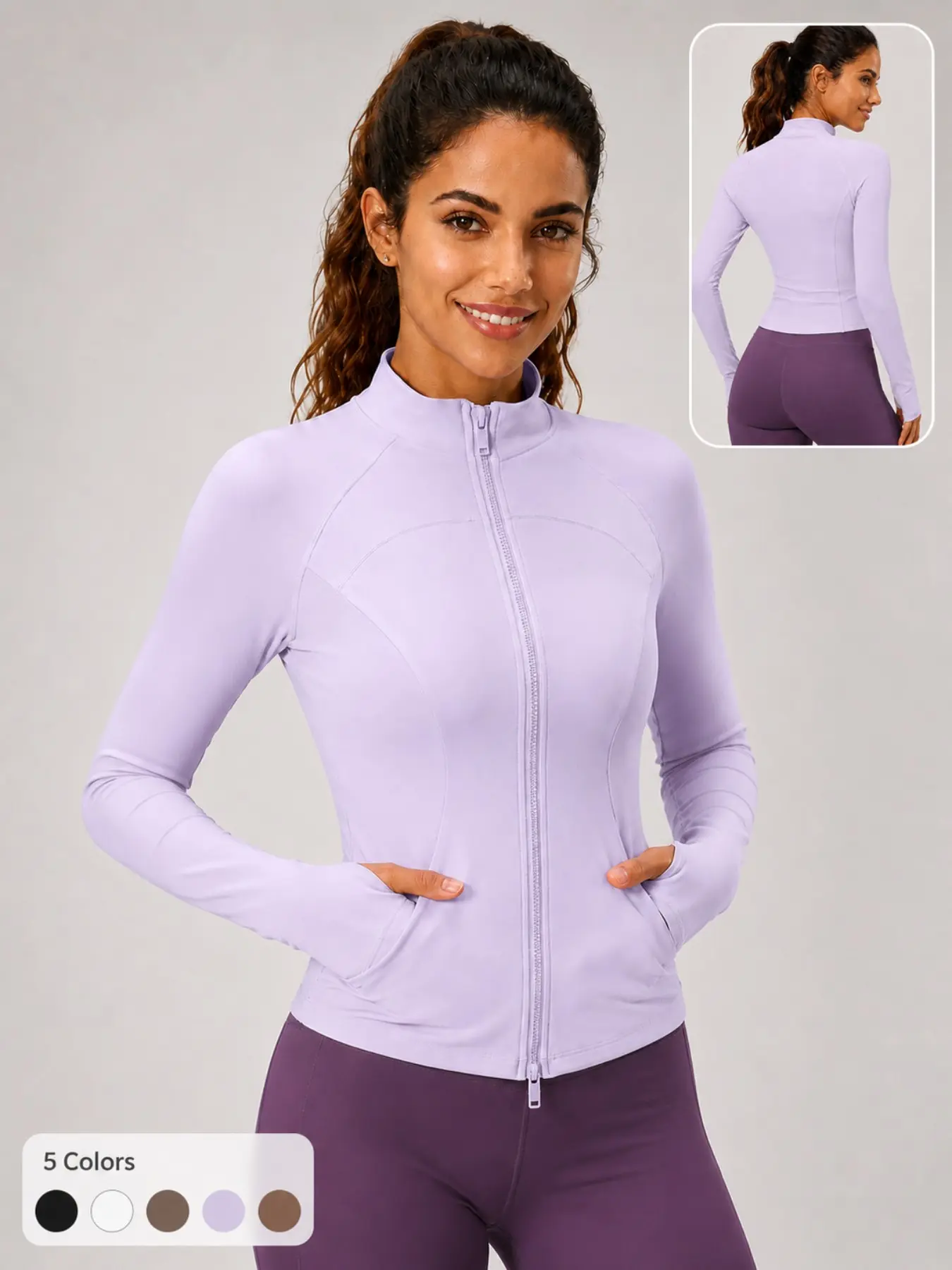 Women's Dual Zipper Raglan Sleeve Yoga Jacket, Curved Hem Slim Fit Cropped Athletic Jacket, Full Zip Stand Collar Workout Top with Thumb Holes & Side Pockets for Gym Fitness, OOTD, Sports Outerwear, Workout Jackets, Activewear Workout Clothes