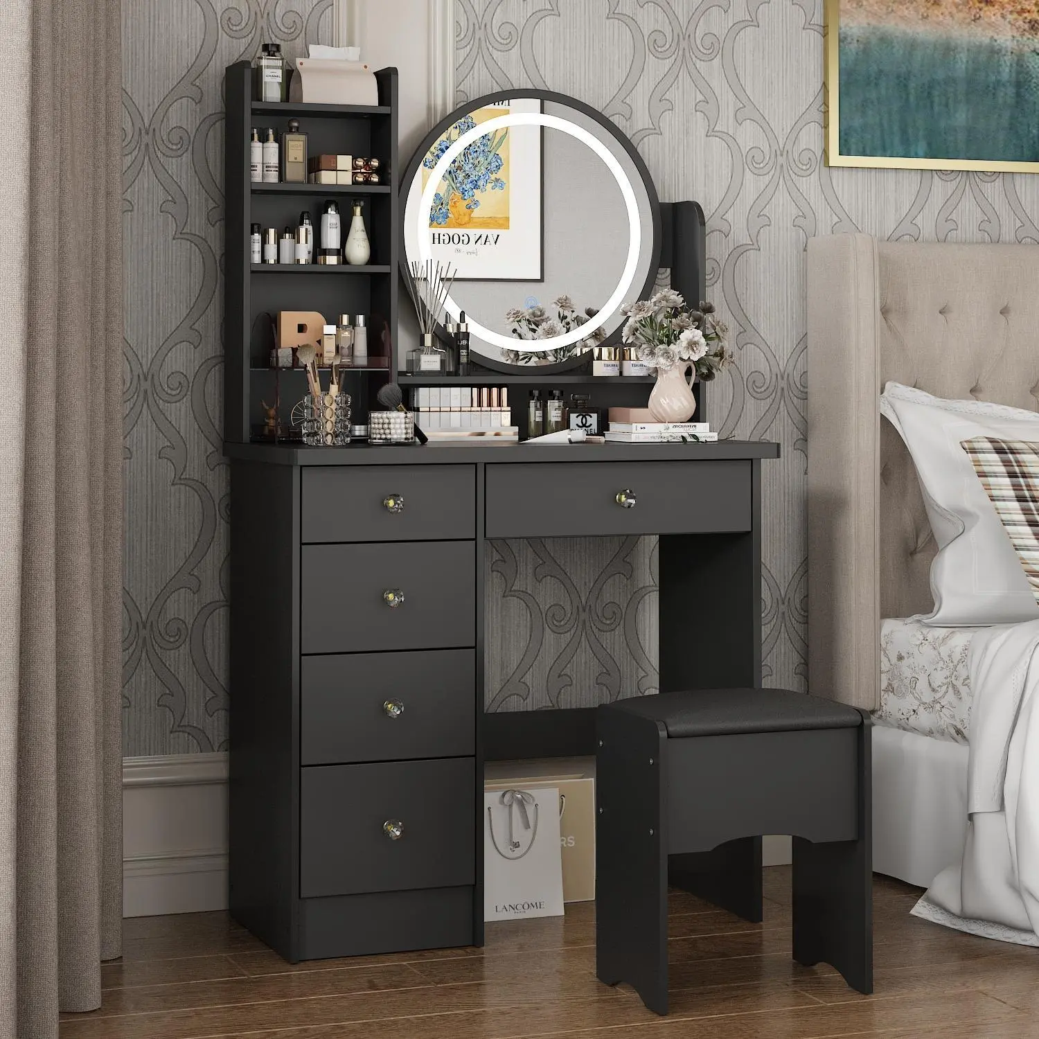 FUFU&GAGA Modern Makeup Vanity Set with 5 Drawers, Touch Screen Round Mirror, Light Shelf, Cushioned Stool, Upgraded Storage Capacity, Easy Assembly for Bedroom Vanity & Makeup Organization, Modern Furniture, Vanity Organization