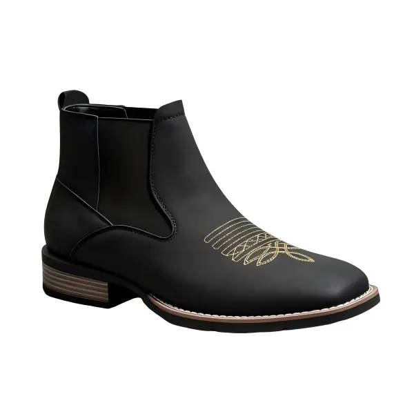 Men's British-Style Chelsea Short Boots - Hand-Embroidered Square Toe Slip-On PU Leather Walking Footwear with Polyester & Nylon for Outdoor Travel, Classic, All Seasons