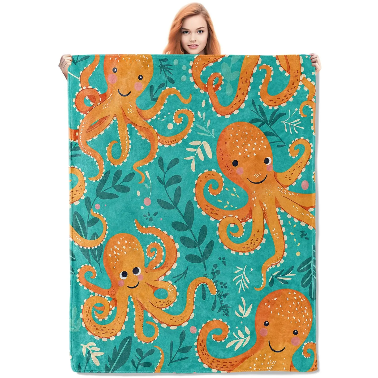 Ocean-Themed Nautical Fleece Octopus Fuzzy Blanket - 60×80in (152×203cm) Soft Warm Leisure Decorative Throw, Durable Cartoon-Patterned for Home Reading Use