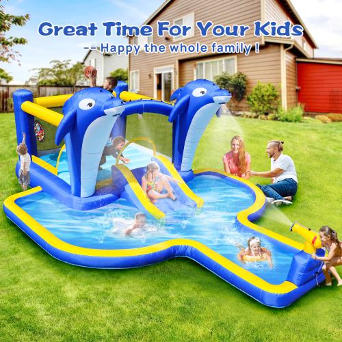 8-in-1 Inflatable Water Park with Slide, Trampoline, Dolphin Sprinkler & Target games & Water gun & Basketball