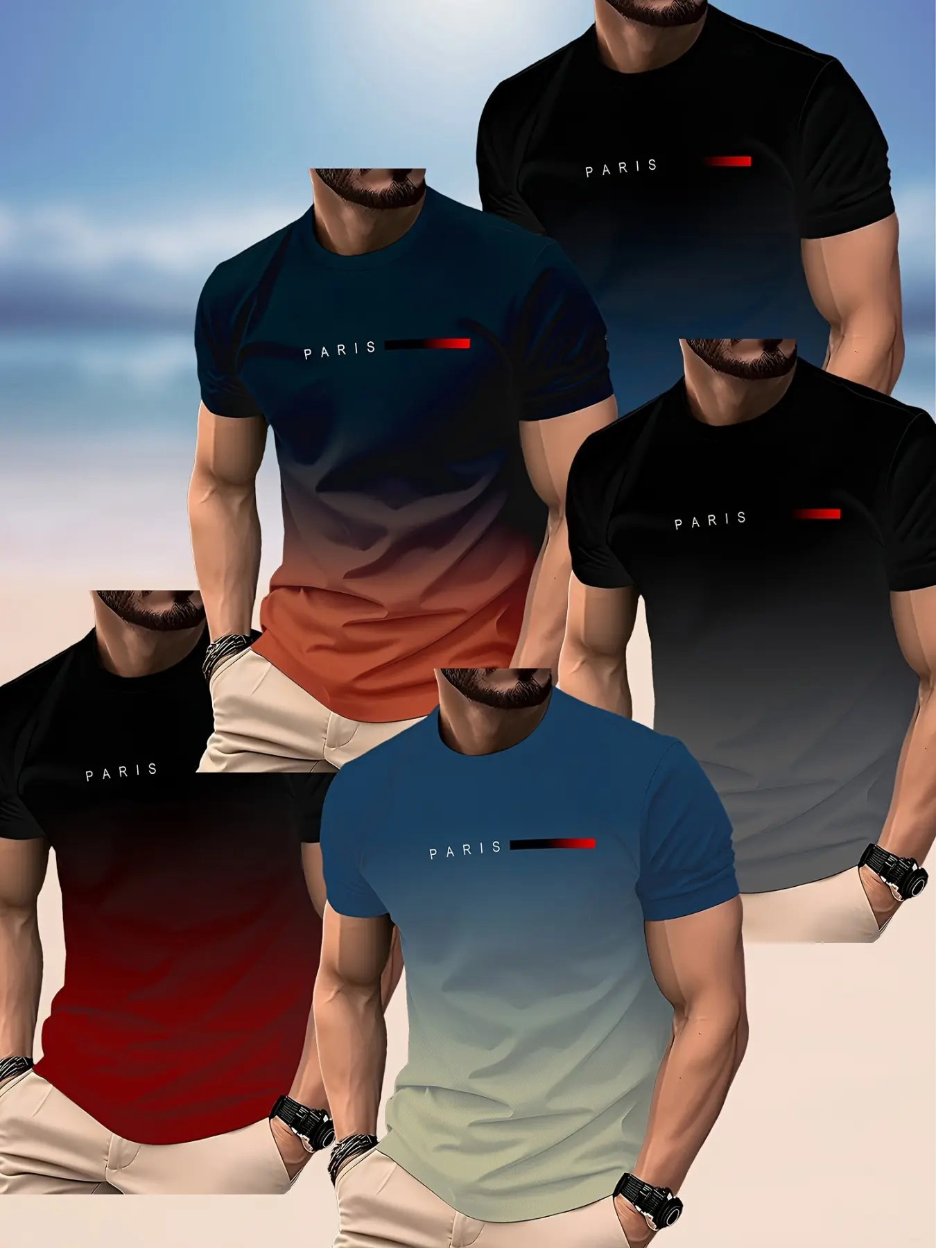 5pcs Men's T-Shirts Menswear 3D Print Short Sleeve Fashion Streetwear Gradient Ombre Paris Pattern Design Polyester Fabric Lightweight and Breathable Ideal for Summer Casual Wear and Outdoor Activities