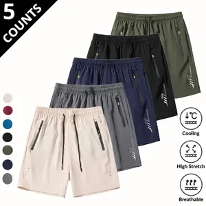 5-Pack, Men's Solid Color Zipper Pocket Shorts - Summer Casual Comfortable Breathable Three-Quarter Pants, Men's Everyday Bottoms, Tropical Beige, 5-Pack SpringStatements Clothes Clothes Menswear Plain