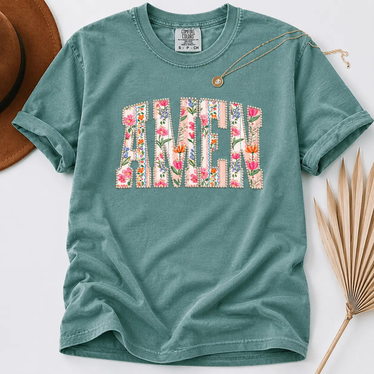 Comfort Color PRINT Amen Floral Pearl T-shirt, Faux Christian Spring Sublimation Shirt, Vintage Faith Shirt Graphic, Patchwork Flower Lettering - TrendWear USA
