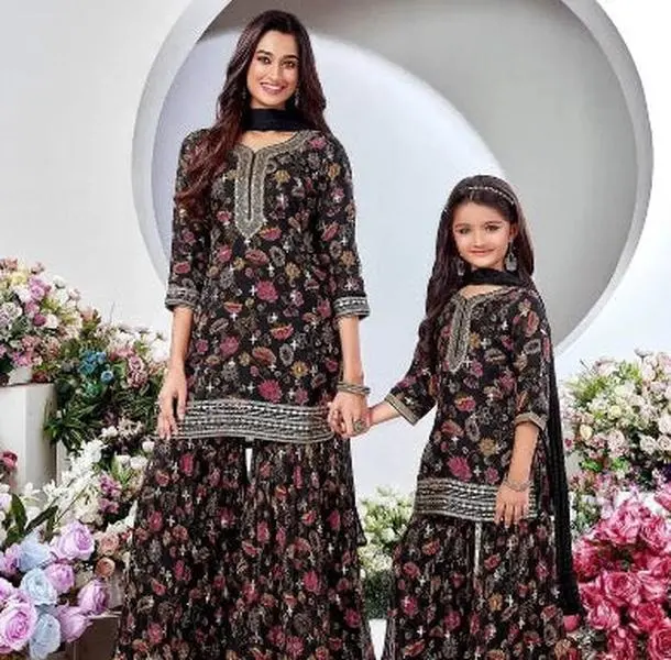 FANCY GEORGETTE DIGITAL PIRNT EMBROIDERY WORK TOP SHARARA WITH DUPATTA MOTHER DAUGHTER COMBO BROWN