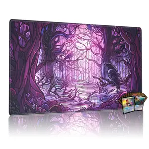 Stained Glass Forest Playmat for Mtg, 24x14 Inch Tcg Game Mat, Mystical Raven & Twisted Tree Art Mousepad Desk Mat, Desk Accessories