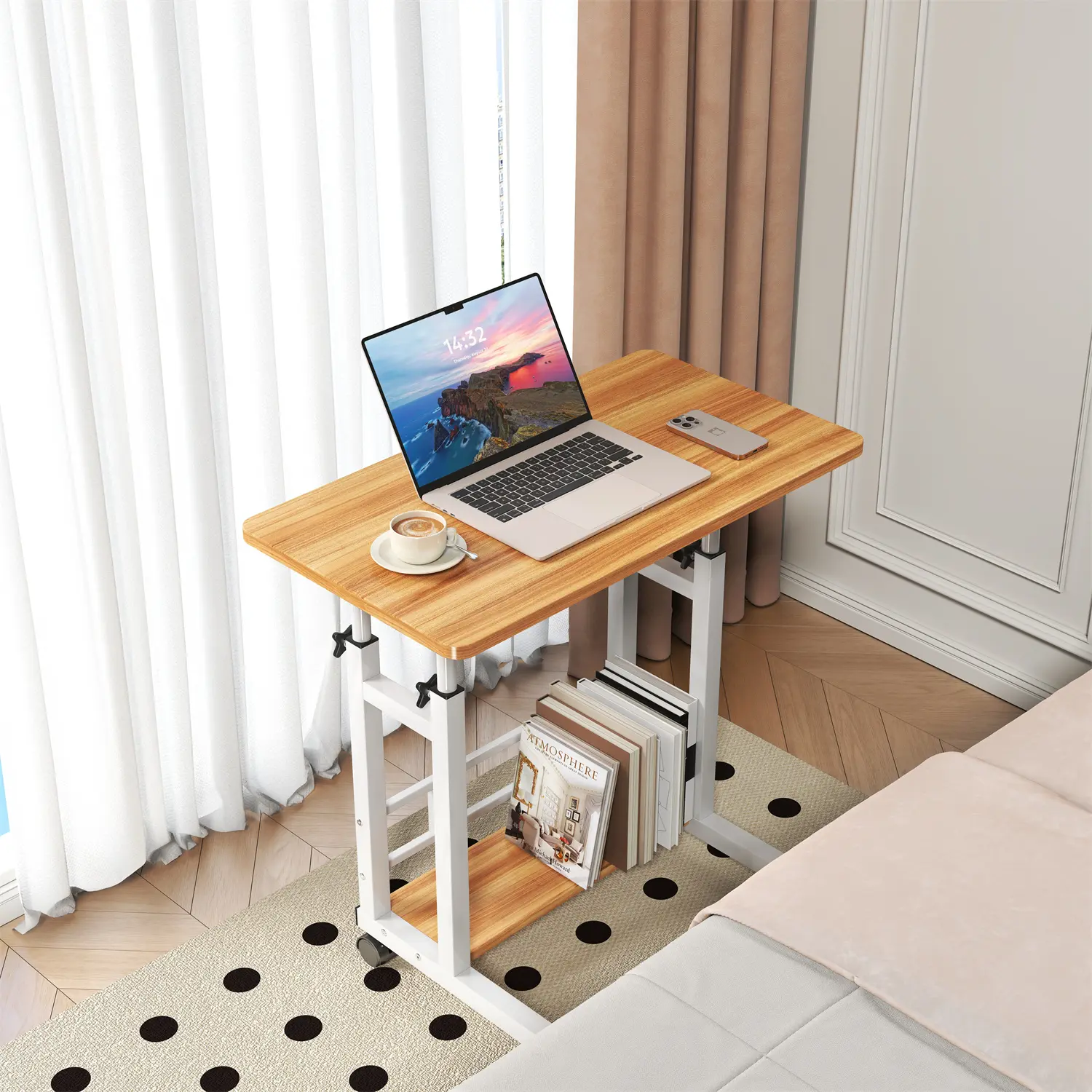 Garvee Adjustable Height Mobile Standing Desk with Wheels - 31.5 x 15.75 in Rolling Laptop Computer Workstation - Perch-Stand, Tilting Desktop, Locking Casters, Storage Basket - Home/Bedroom/Treadmill