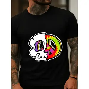Men's Black Gradient Skull and Peace Sign Pattern T-Shirt - Loose Fit Street Fashion, Retro 60s/70s Hippie Style, Rainbow Colors (Pink/Green/Blue/Purple) - Breathable Summer Casual T-Shirt, Suitable for Music Festivals and Casual Outfits, Men's Pattern T-