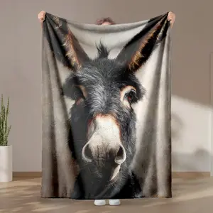 1 piece Close-up portrait of a gray donkey themed flannel blanket - All-season flannel blanket, suitable for sofas and beds, super soft and comfortable, modern design, digitally printed pattern, 100% polyester material, machine washable, suitable