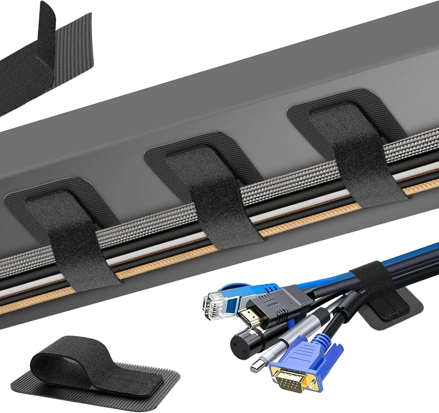 Under Desk Cable Management Kit with 15 Cables per Strap, Adhesive Hooks, Adjustable Hook and Loop Ties, Wire Hider Clips, 20 Pairs, 120x40mm