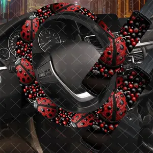 3Pcs/Set Ladybug & Bead Car Interior Set, Car Interior Kit, Includes Steering Wheel Cover, Car Seat Belt Cover, No Inner Ring, Vehicle Interior Upgrade, Durable Material, For Women, Car Enthusiasts, Gift For Drivers.11.27QWA-437@438