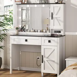 Makeup Vanity Desk, Vanity Mirror with 3 LED Lighting Modes, Makeup Table with  2 Large Drawers and 2 Large cabinet, Christmas Gifts for Her