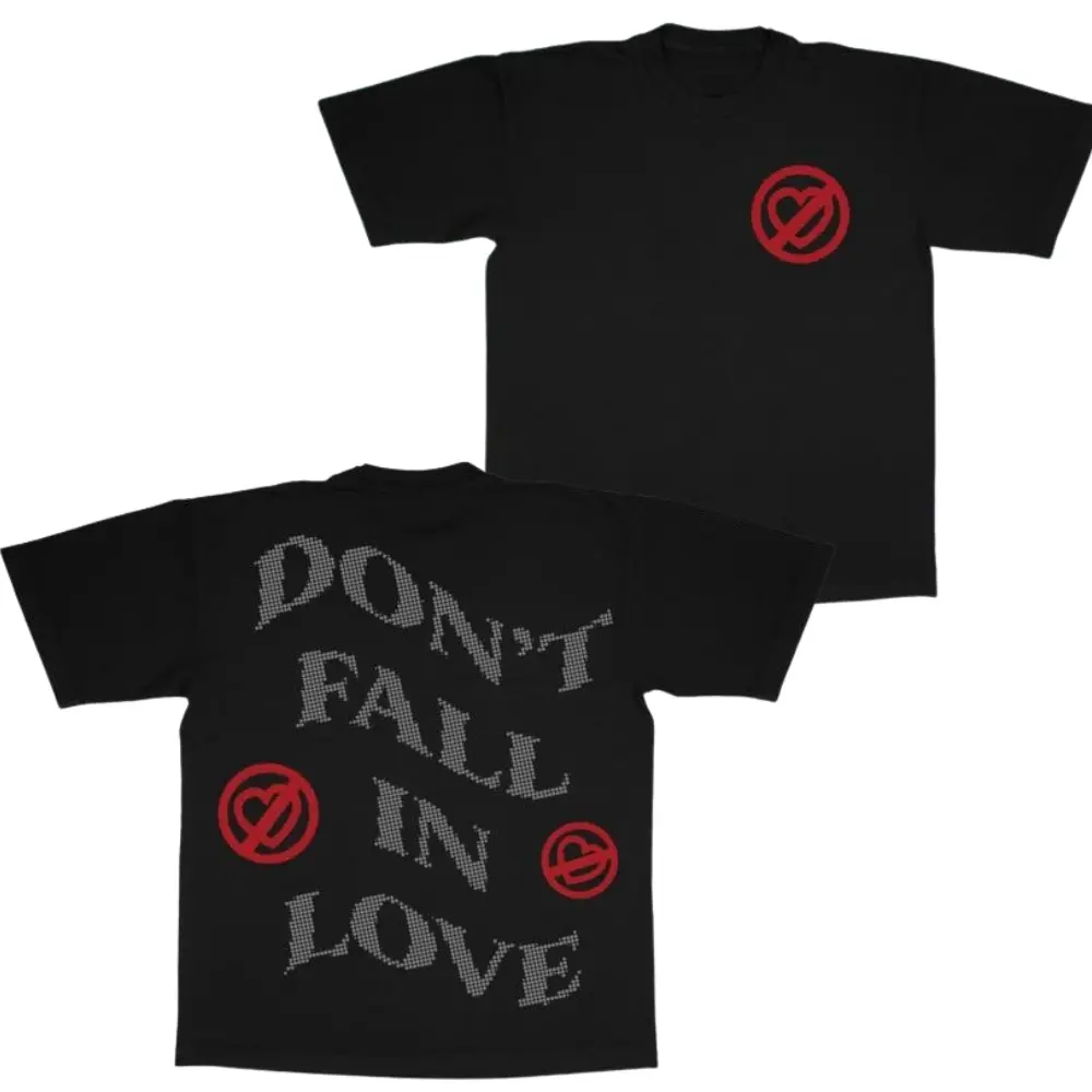 Don't Fall in Love Graphic T-Shirt & Hoodie, Featuring Red Heart and Symbol Design, Soft Cotton Blend Shirt, Vintage Streetwear Apparel for Men & Women, Perfect Gift for Anti-Love Enthusiasts