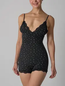 Black Print Lace Spaghetti Strap Triangle Onesie | Fits Everybody, Stretchy & Flattering, Sheer Lace Detail, Slimming Fit, Perfect for Layering or Wearing Alone