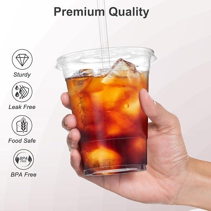 100 Pack 16oz Clear Plastic Cups with Lids & Straws – Disposable Iced Coffee & Smoothie Cups, Leak-Resistant Cold Drink Cups, Food-Safe Party & Takeaway Cups