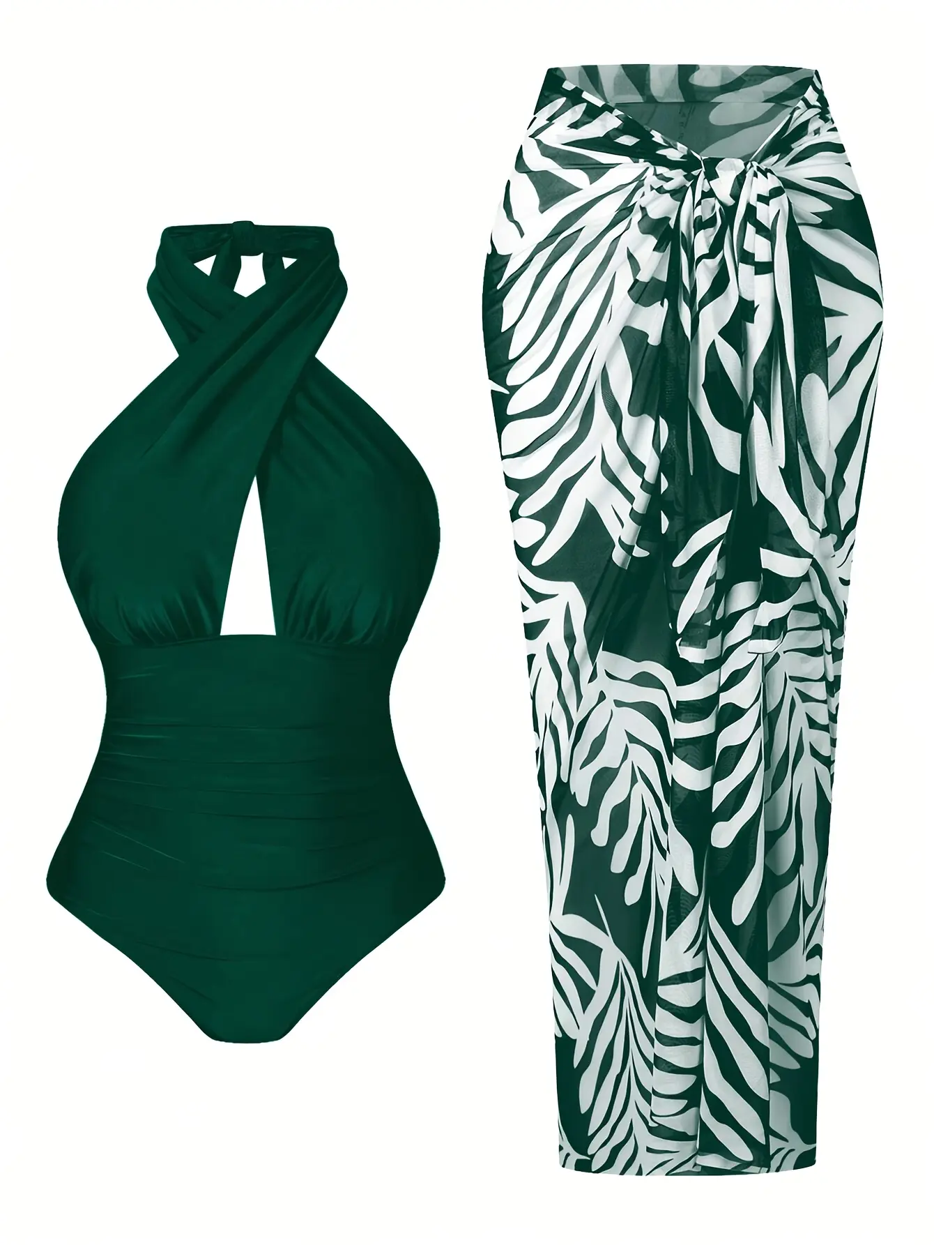 2026 New Plus Size Halter Neck One-Piece Swimsuit with Tropical Leaf Print Mesh Sarong Cover-Up, Tummy Control Bathing Suit for Women Beach Vacation