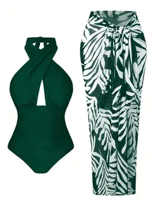 2026 New Plus Size Halter Neck One-Piece Swimsuit with Tropical Leaf Print Mesh Sarong Cover-Up, Tummy Control Bathing Suit for Women Beach Vacation