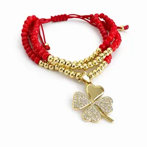 Clover Charm Bracelet Red Beaded Adjustable with Gold Crystal Clover Lucky Jewelry for Women