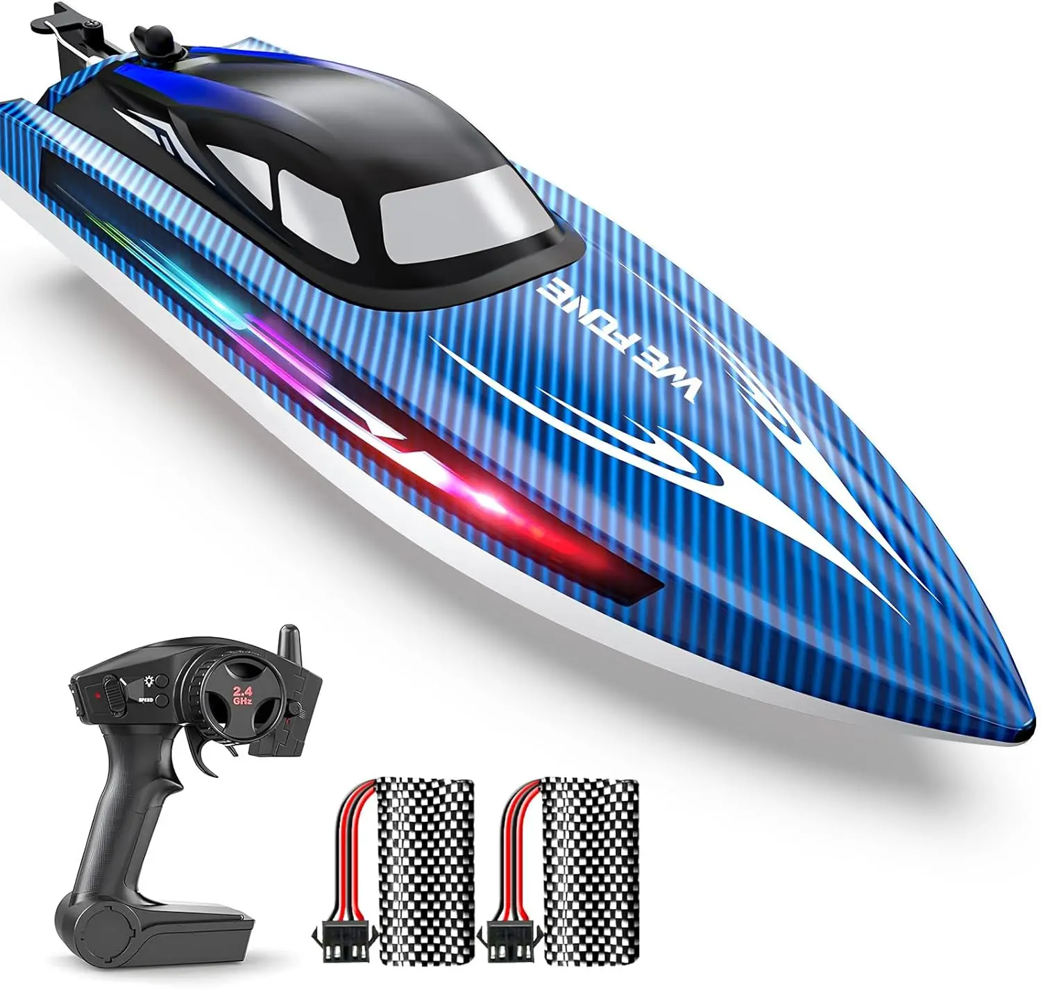 Fast RC Boat 25+ KMH Remote Control Speed Boat for Pools and Lakes, RC Boat with 7 LED Light Modes, 2 Batteries, 30-40 Mins Runtime, Summer Outdoor Toy