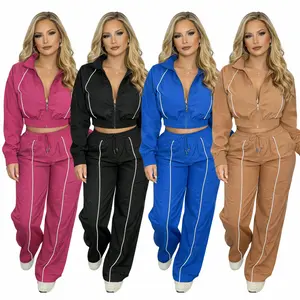 Women’s Contrast Stripe 2 Piece Set – Zip Crop Jacket & High Waist Wide Leg Pants Tracksuit Casual Streetwear Outfit