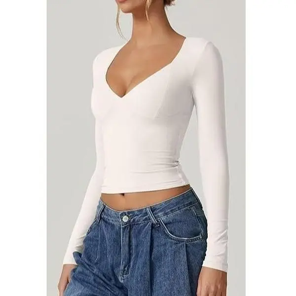 Women's Long Sleeve Crop Top, a V Neckline T-Shirt with Seamed Cups and a Sculpting Fit in Buttery Soft Nylon Blend, High Washfast, Longsleeves, Double Lined