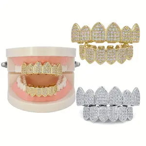 MARS2059 Golden Plated Iced-out Tooth Grillz, 1 Set Hip Hop Top Bottom Teeth Cap for Men and Women, Gold Grillz Decoration Party Accessories