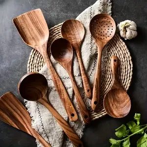 7-Piece Natural Wood Kitchen Utensil Set, Wooden Spoon Set, Ergonomic Handles, Heat Resistant, Includes Spoons, Pans, Ideal for Induction Cookers