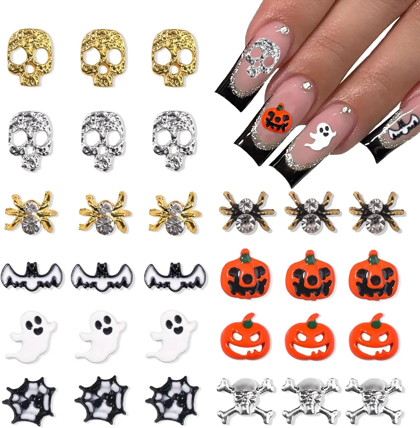 30Pcs Halloween Nail Charms Ghost Pumpkin Nail Art Charms Gold Silver Skull Spider Web Bat Nail Gems Halloween Nail Art Supplies Alloy Nail Art Decoration for Acrylic Nails for Women Girls
