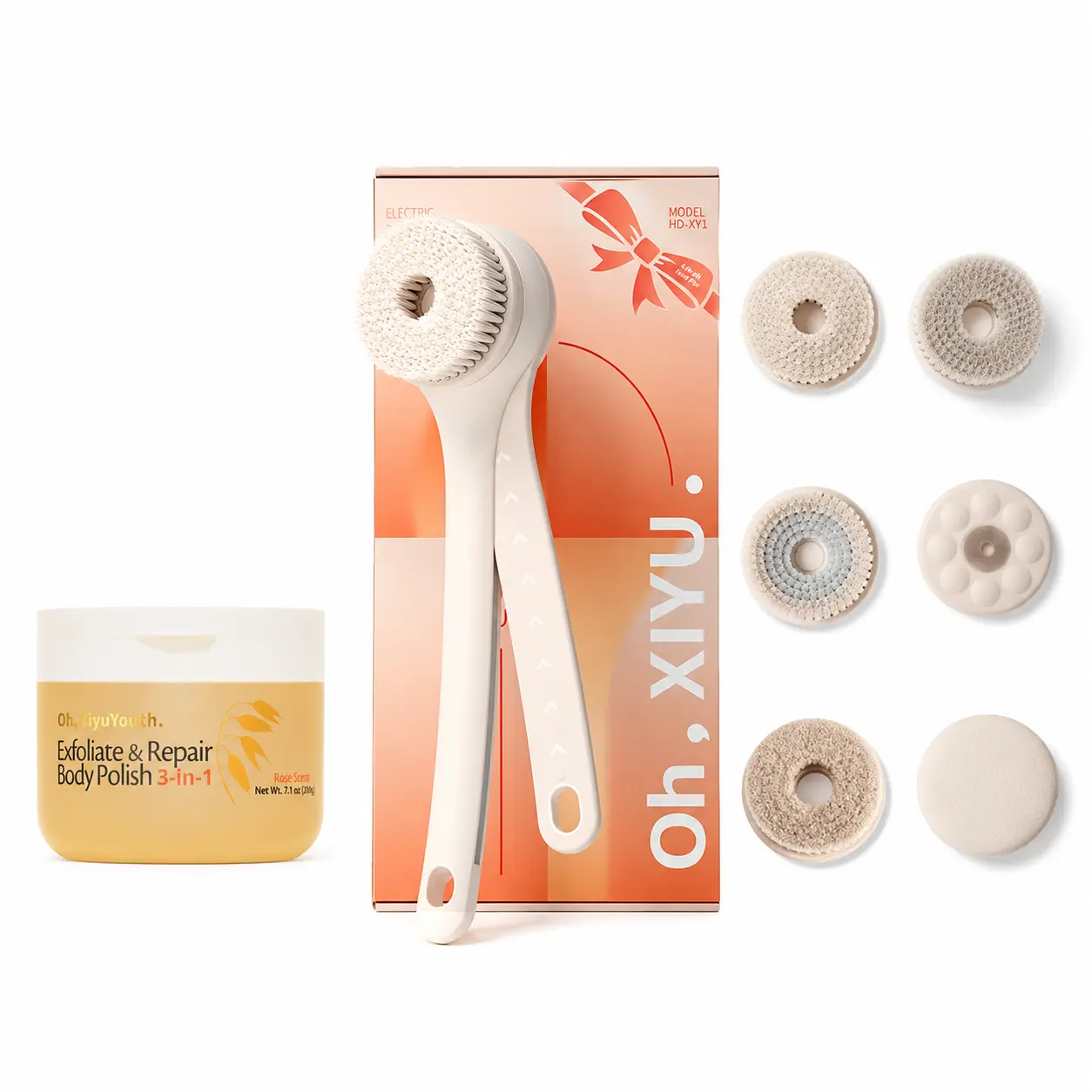 Oh, XiyuYouth Bath & Body Care Set, Dual-Handle Electric Body Brush & Sensitive Skin 3-in-1 Body Polish Scrub, Exfoliating & Blemish Care, Deep Hydration and Body Repair, Enjoy an At-Home SPA Experience