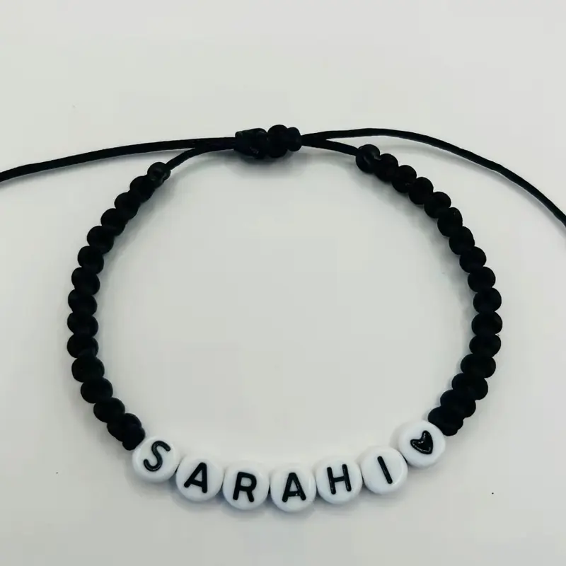 Custom Name Beaded Bracelet with Black-White Letter Beads, Silver Personalized Adjustable Casual Bracelet for Female, Anniversary & Engagement Gift for Daily Wear