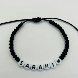 Personalized Name Bracelet with Black Beads and White Letters, Adjustable Design, Perfect for Gifts