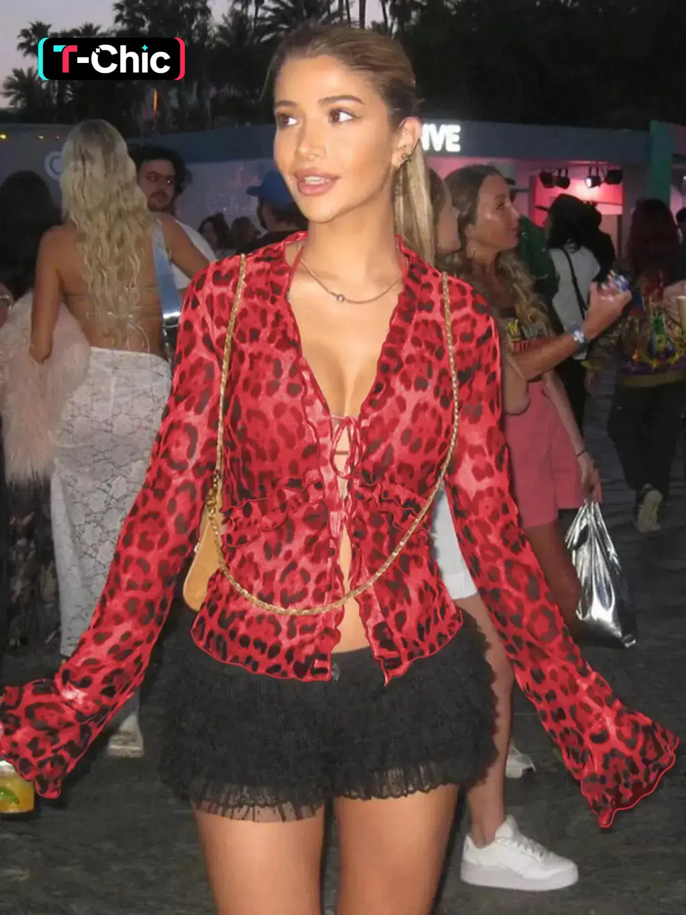 Women's Leopard Print Tie Front Mesh Tee, Frill Trim Sheer Top for Summer, Ladies Clothes for Beach Party Vacation, Casual Elegant Ruffle