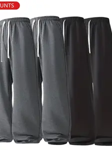 4-Pack Men's Straight Leg Solid Color Elastic Waist Sports Pants, All-Season Casual Pocket Design, Daily Wear Long Pants for Men