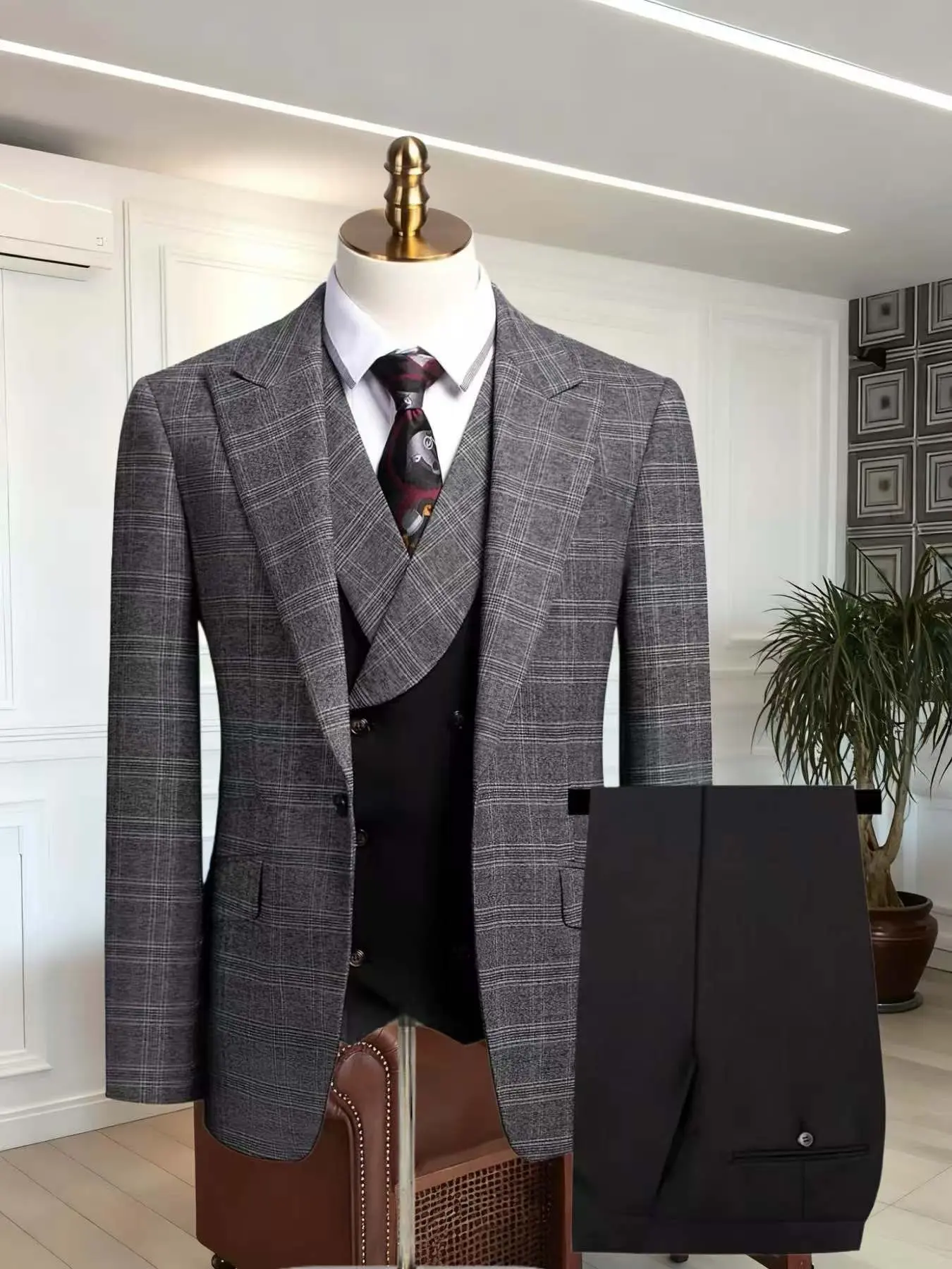 Wedding Men's Suit Plaid 3pcs Set Jacket + Vest + Pants, business, Casual, Formal Suits, Formal Slim Fit