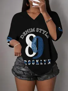 Women's V-Neck Loose Short Sleeve Top, Denim Style Brooklyn Print, Casual Streetwear, Hole Fabric, Spring Summer Wear
