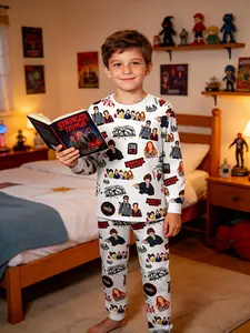 Stranger Things Latest Print Kids Long Sleeve Pajama Set, Demogorgon Home Essential, Fun Reading Festival Children Sleepwear