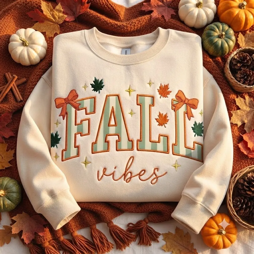 Embroidered Fall Vibes Sweatshirt, Striped Fabric Applique Crewneck, Autumn Leaf and Bow Sweater, Cozy Pumpkin Season Gift