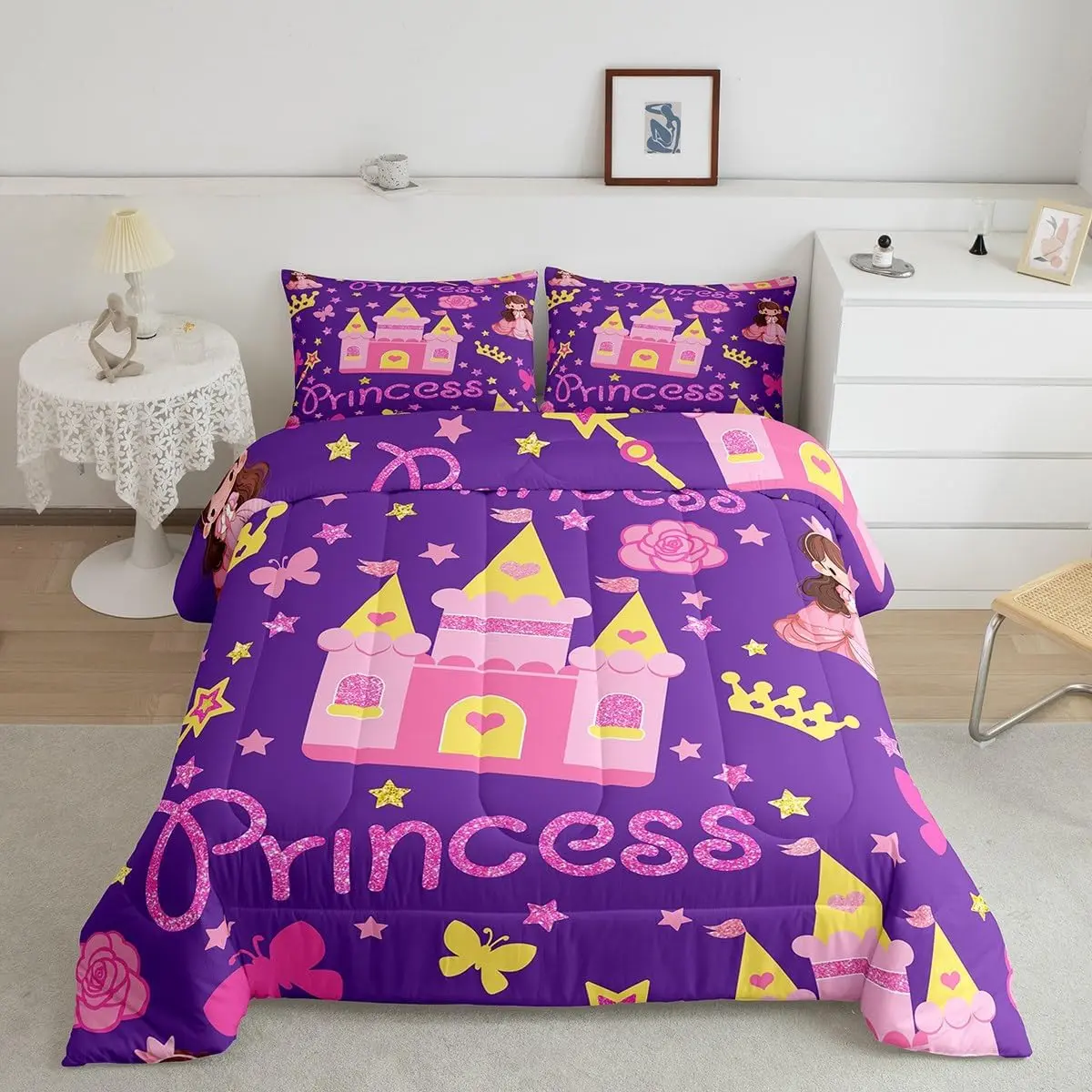 Dreamy Princess Castle Comforter Set Castle Stars Crown Duvet Set Soft Bed Collection,Butterfly Floral Bedding Comforter Bedroom
