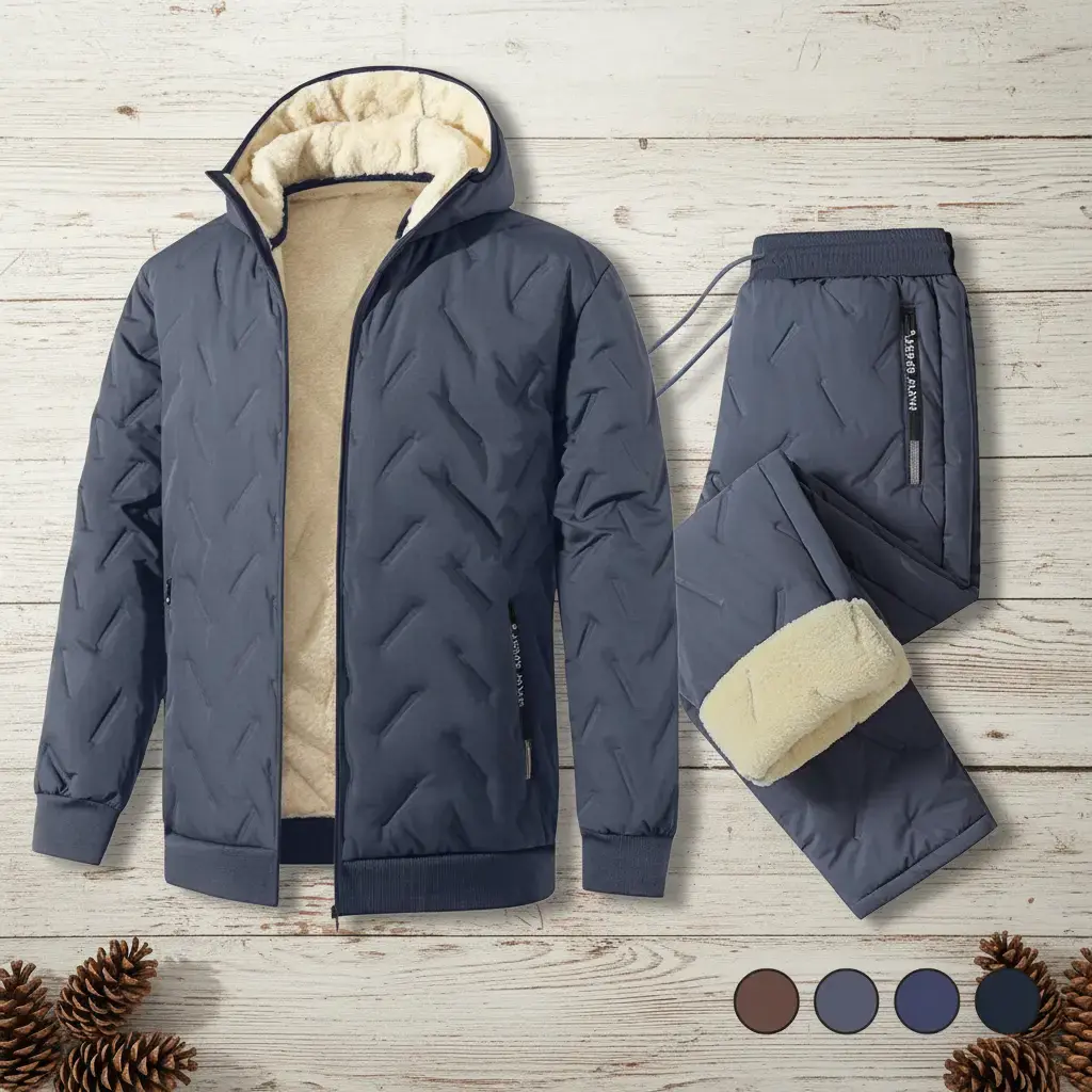 Winter thickened fleece warm two-piece set — loose cotton commuter outfit available in four colors: coffee gray, dark gray, black, and beige.
