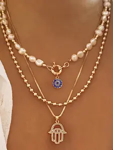 Vintage Devil Eye Multi-Layer Pendant Necklace, Fatima Hand Baroque Pearl Necklace, Elegant Necklace, Daily Wear Gift, Boho Style, Zinc Alloy Chain