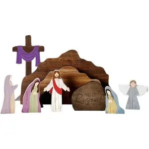 Empty Tomb Easter Scene  Decoration, Wooden Resurrection Tabletop Decor Set for Religious , Office, Shelf & Farmhouse Display