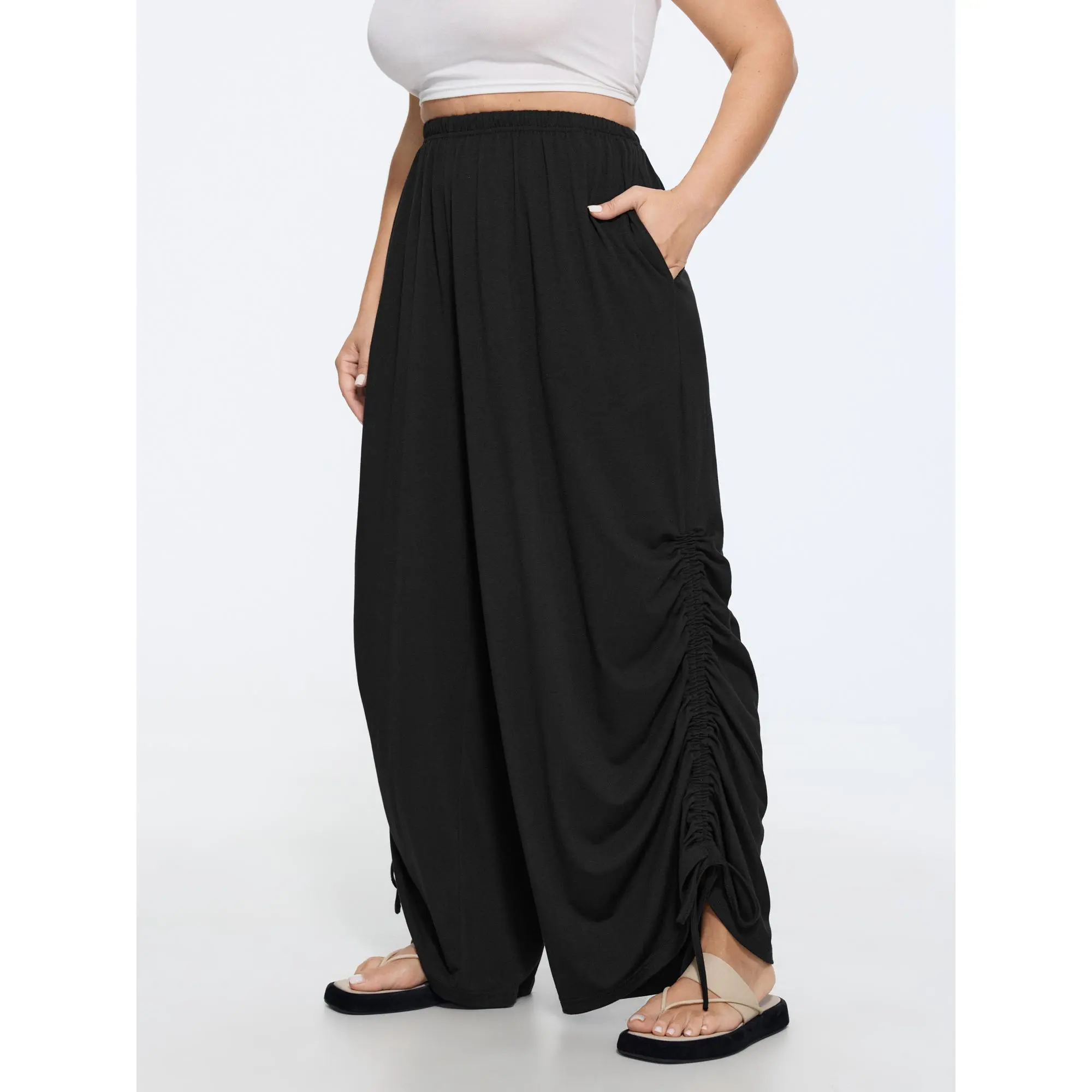BloomChic Women's Plus Size Basic Spandex Fabric Wide Leg Pants - Supersoft Elastic Waist, Side Drawstring, Size M-6X, 2026 Summer Garment Bottoms, Fit