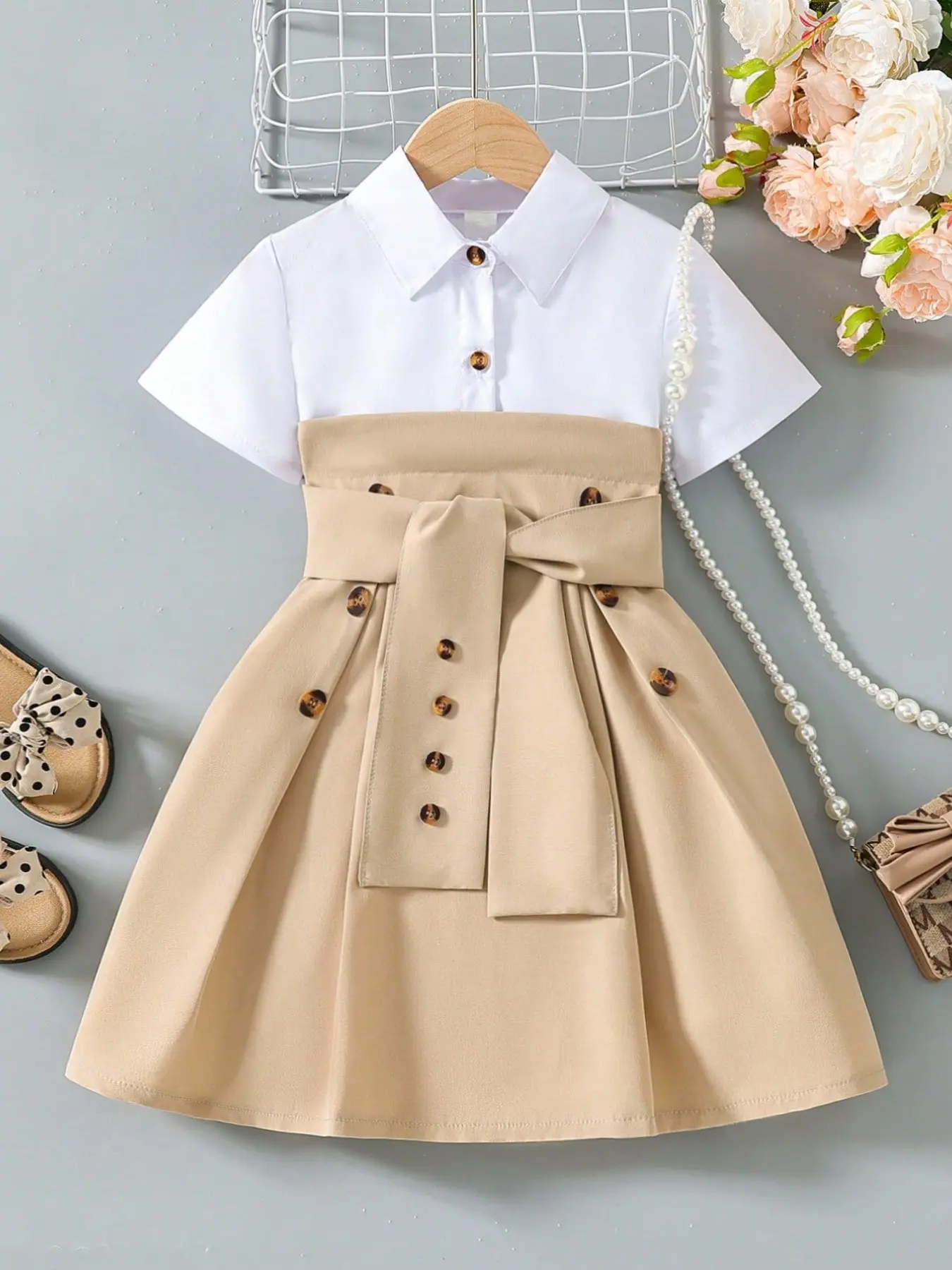 Girls' Two-Piece School Dress, Shirt Collar, Short Sleeve, Patchwork, Waist Button Belt, Pleated Skirt, Summer Party
