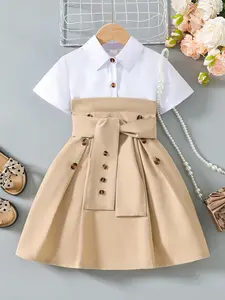 Girls' Two-Piece School Dress, Shirt Collar, Short Sleeve, Patchwork, Waist Button Belt, Pleated Skirt, Summer Party